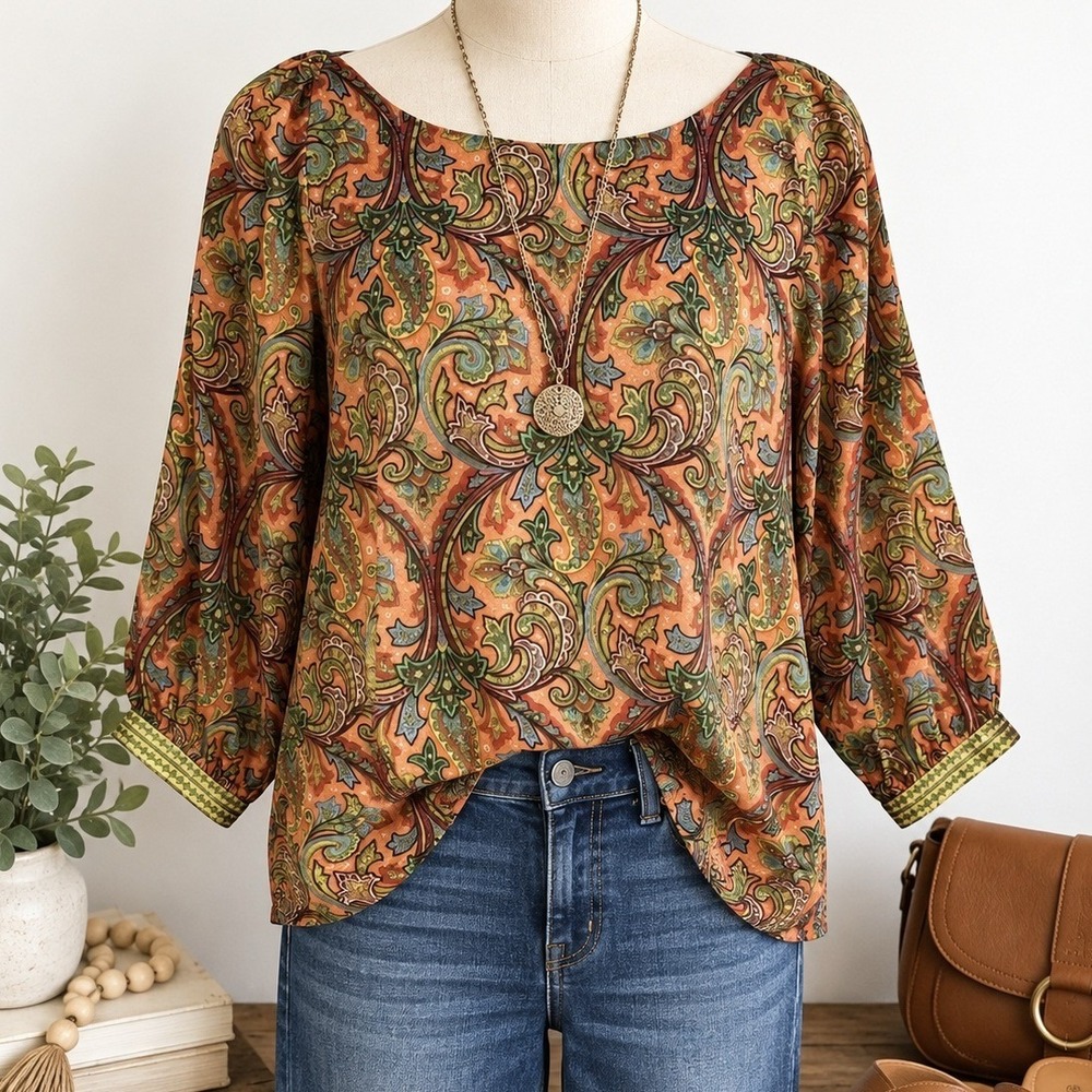 LOFT Blouse Womens L Orange Paisley 3/4 Sleeve Boat Neck Boho Career Top